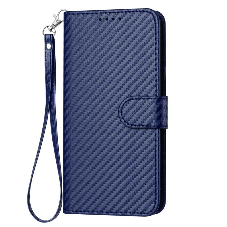 For iPhone 16 YX0070 Carbon Fiber Buckle Leather Phone Case with Lanyard(Royal Blue)