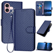 For iPhone 16 YX0070 Carbon Fiber Buckle Leather Phone Case with Lanyard(Royal Blue)