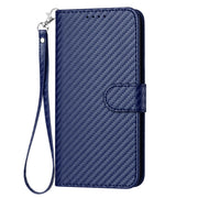 For iPhone 16 YX0070 Carbon Fiber Buckle Leather Phone Case with Lanyard(Royal Blue)