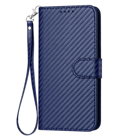 For iPhone 16 YX0070 Carbon Fiber Buckle Leather Phone Case with Lanyard(Royal Blue)
