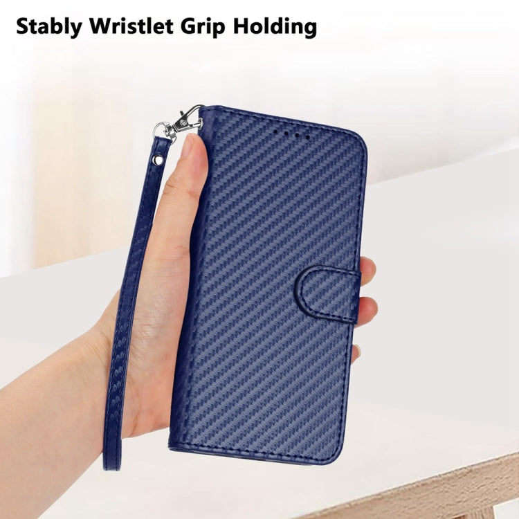 For iPhone 16 YX0070 Carbon Fiber Buckle Leather Phone Case with Lanyard(Royal Blue)