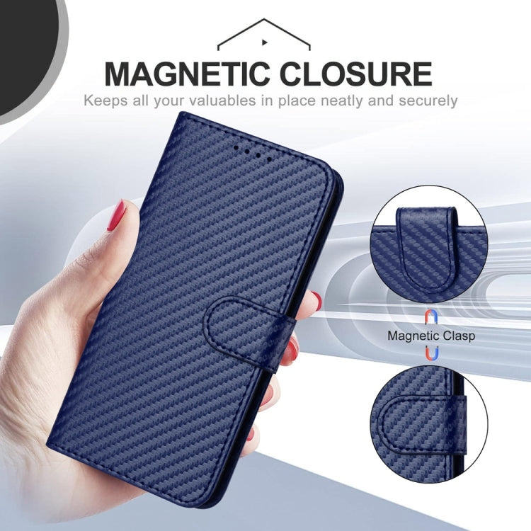 For iPhone 16 YX0070 Carbon Fiber Buckle Leather Phone Case with Lanyard(Royal Blue)