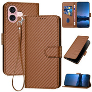 For iPhone 16 YX0070 Carbon Fiber Buckle Leather Phone Case with Lanyard(Coffee)