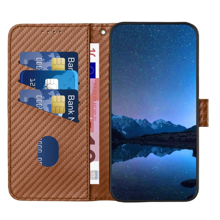 For iPhone 16 YX0070 Carbon Fiber Buckle Leather Phone Case with Lanyard(Coffee)
