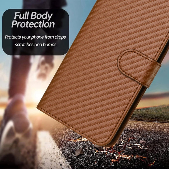 For iPhone 16 YX0070 Carbon Fiber Buckle Leather Phone Case with Lanyard(Coffee)