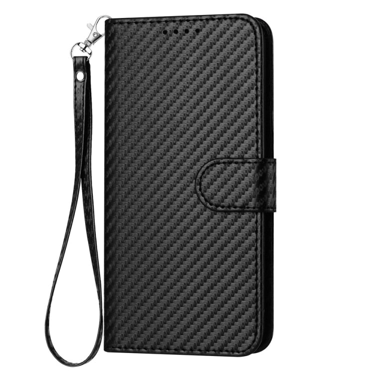 For iPhone 16 YX0070 Carbon Fiber Buckle Leather Phone Case with Lanyard(Black)
