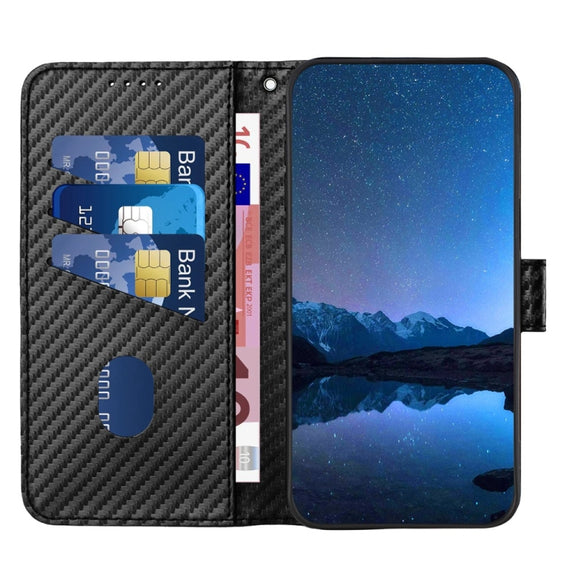 For iPhone 16 YX0070 Carbon Fiber Buckle Leather Phone Case with Lanyard(Black)