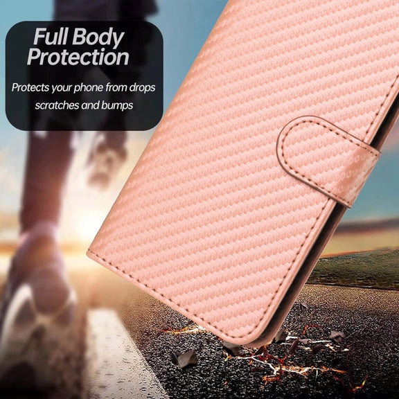 For iPhone 16 YX0070 Carbon Fiber Buckle Leather Phone Case with Lanyard(Pink)