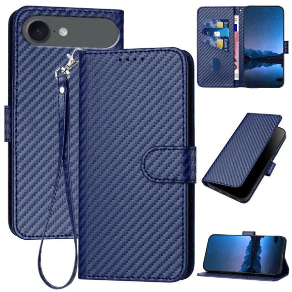 For iPhone 17 Air YX0070 Carbon Fiber Buckle Leather Phone Case with Lanyard(Royal Blue)