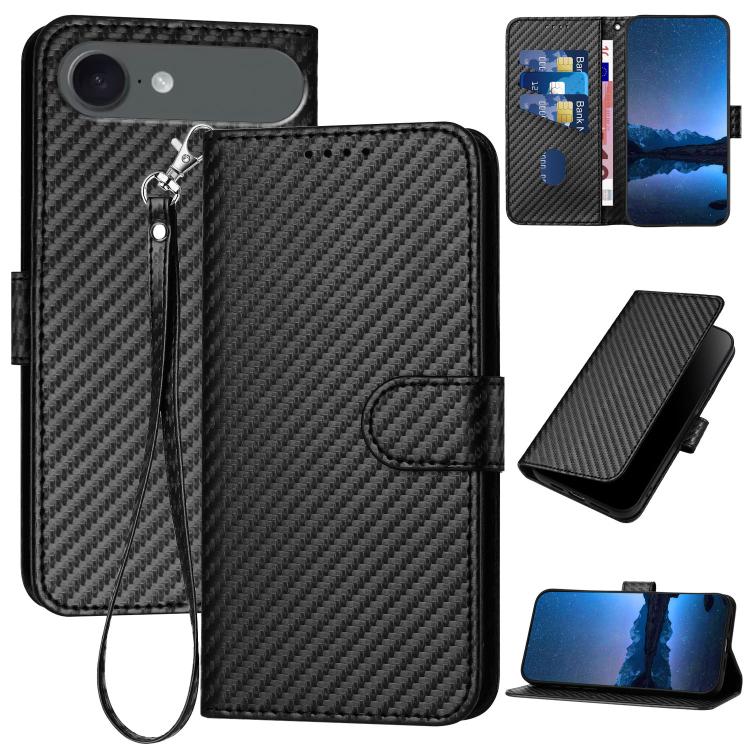 For iPhone 17 Air YX0070 Carbon Fiber Buckle Leather Phone Case with Lanyard(Black)