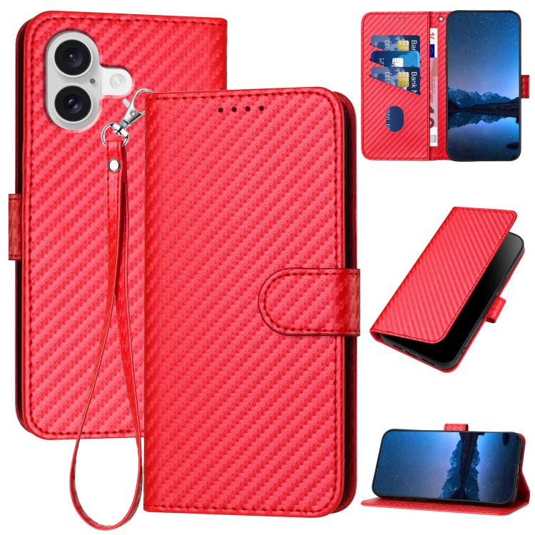 For iPhone 17 YX0070 Carbon Fiber Buckle Leather Phone Case with Lanyard(Red)