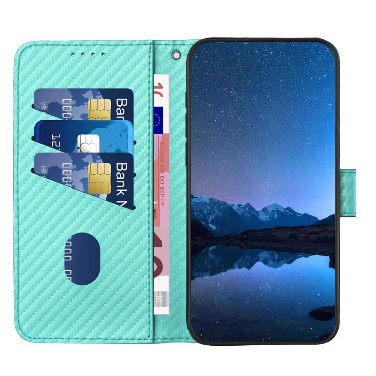 For iPhone 17 YX0070 Carbon Fiber Buckle Leather Phone Case with Lanyard(Light Blue)