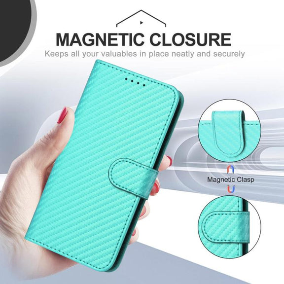 For iPhone 17 YX0070 Carbon Fiber Buckle Leather Phone Case with Lanyard(Light Blue)