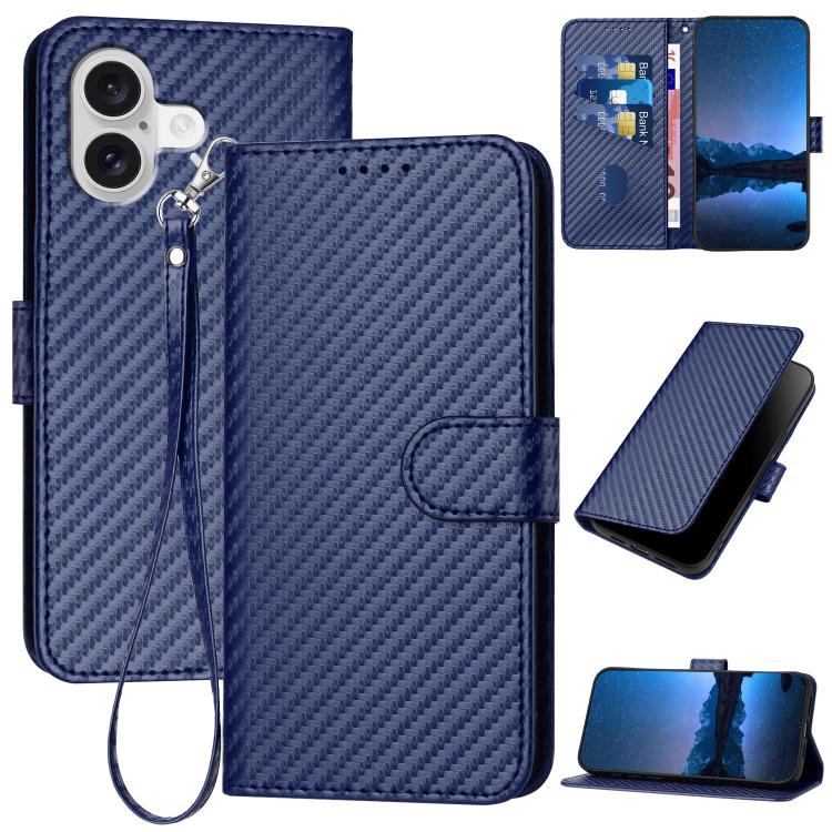 For iPhone 17 YX0070 Carbon Fiber Buckle Leather Phone Case with Lanyard(Royal Blue)