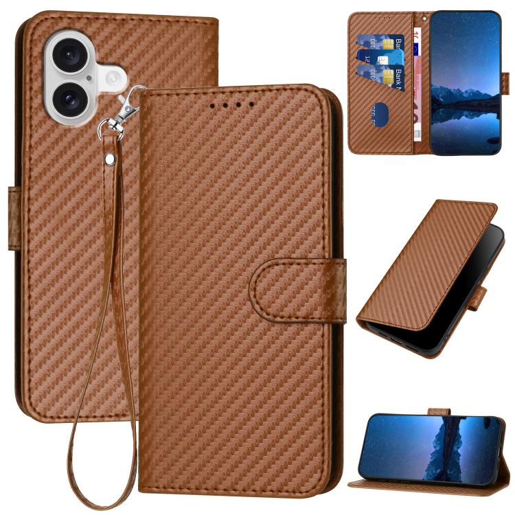For iPhone 17 YX0070 Carbon Fiber Buckle Leather Phone Case with Lanyard(Coffee)