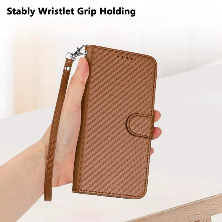 For iPhone 17 YX0070 Carbon Fiber Buckle Leather Phone Case with Lanyard(Coffee)