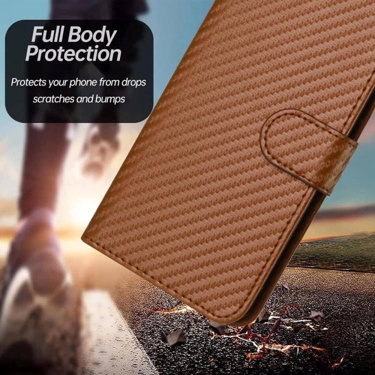 For iPhone 17 YX0070 Carbon Fiber Buckle Leather Phone Case with Lanyard(Coffee)