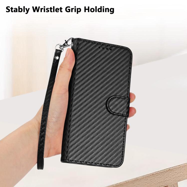 For iPhone 17 YX0070 Carbon Fiber Buckle Leather Phone Case with Lanyard(Black)