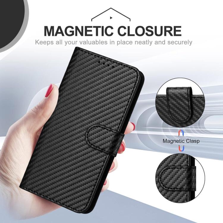 For iPhone 17 YX0070 Carbon Fiber Buckle Leather Phone Case with Lanyard(Black)