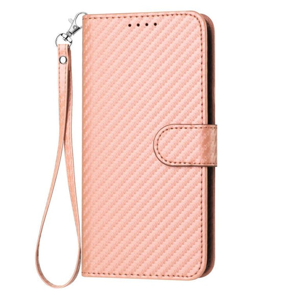 For iPhone 17 YX0070 Carbon Fiber Buckle Leather Phone Case with Lanyard(Pink)