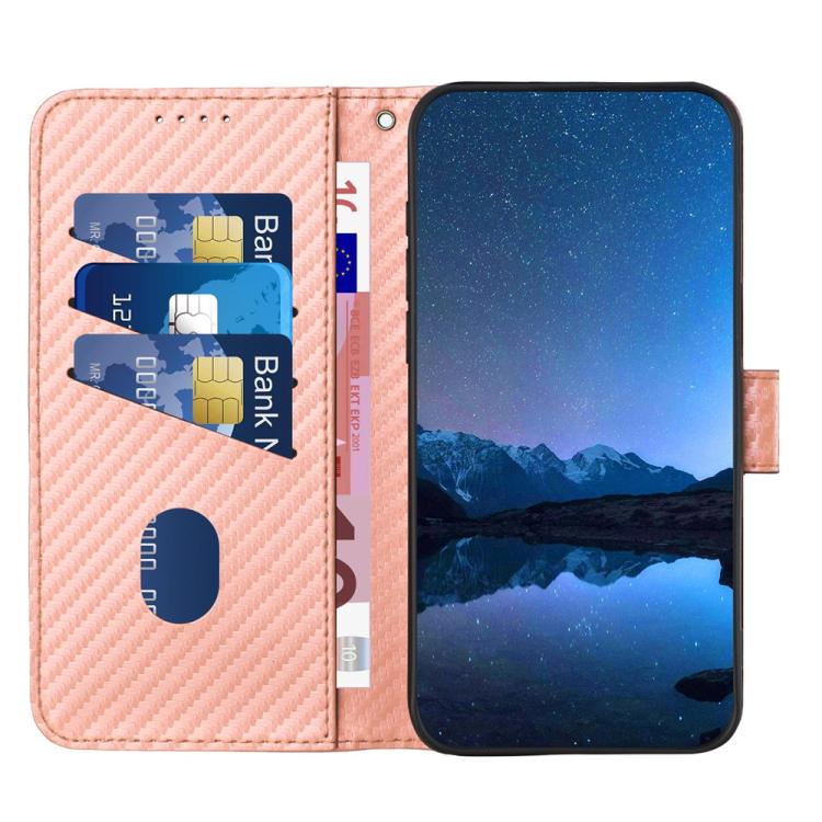 For iPhone 17 YX0070 Carbon Fiber Buckle Leather Phone Case with Lanyard(Pink)