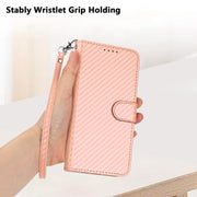 For iPhone 17 YX0070 Carbon Fiber Buckle Leather Phone Case with Lanyard(Pink)