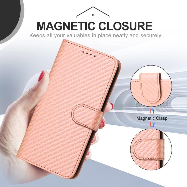 For iPhone 17 YX0070 Carbon Fiber Buckle Leather Phone Case with Lanyard(Pink)