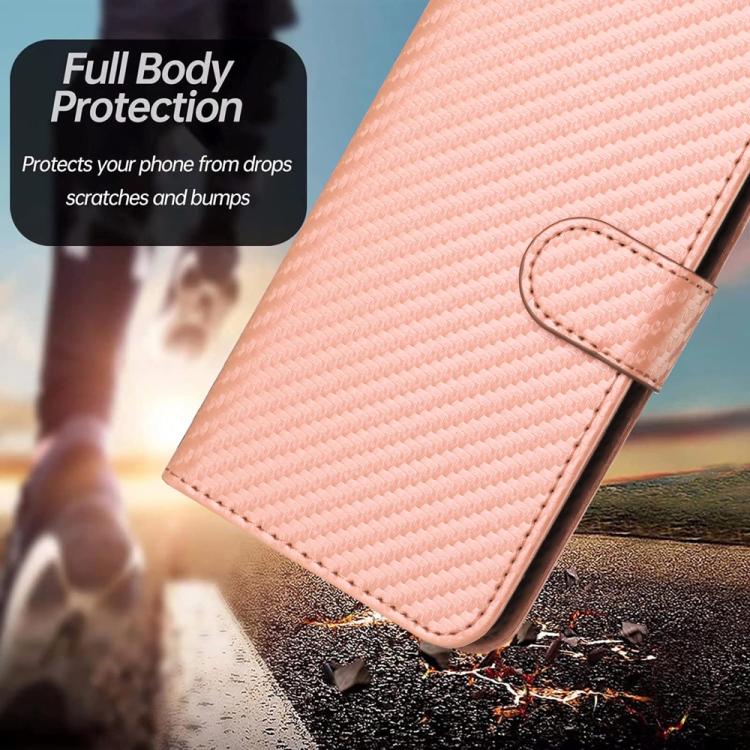 For iPhone 17 YX0070 Carbon Fiber Buckle Leather Phone Case with Lanyard(Pink)