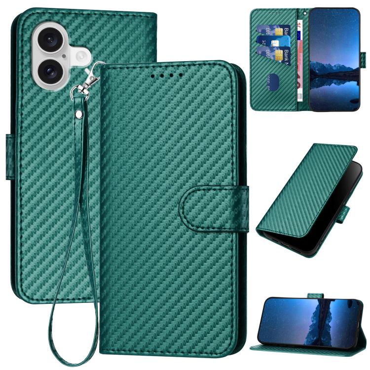 For iPhone 17 YX0070 Carbon Fiber Buckle Leather Phone Case with Lanyard(Dark Green)