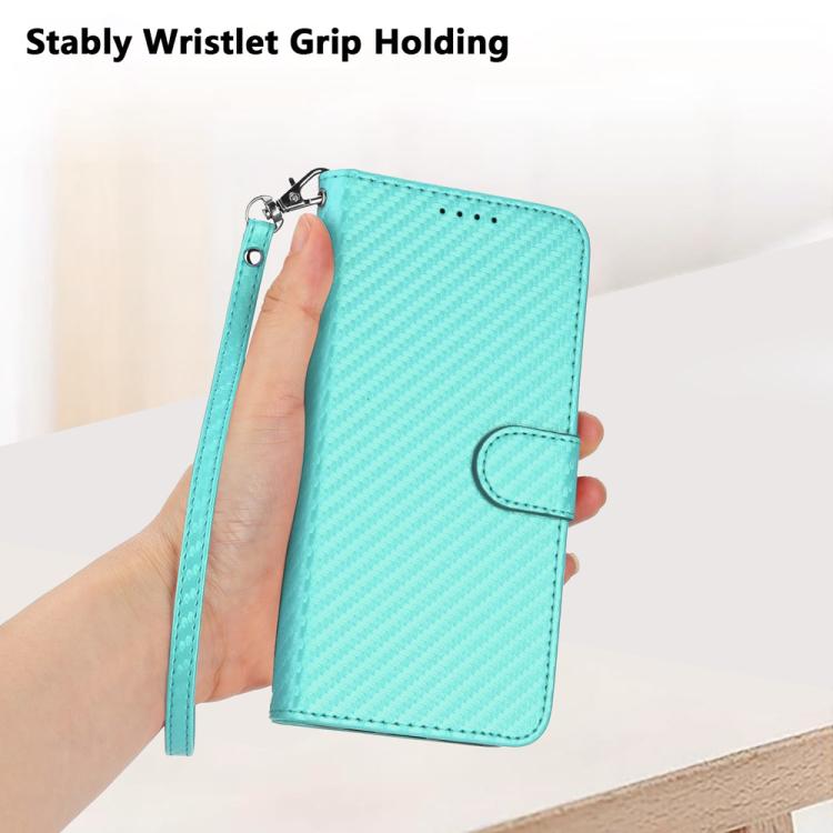 For iPhone 17 Pro Max YX0070 Carbon Fiber Buckle Leather Phone Case with Lanyard(Light Blue)