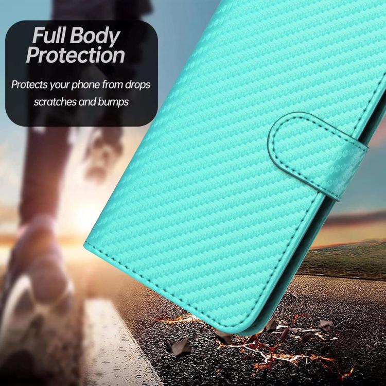 For iPhone 17 Pro Max YX0070 Carbon Fiber Buckle Leather Phone Case with Lanyard(Light Blue)