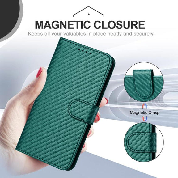 For iPhone 17 Pro Max YX0070 Carbon Fiber Buckle Leather Phone Case with Lanyard(Dark Green)
