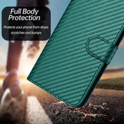 For iPhone 17 Pro Max YX0070 Carbon Fiber Buckle Leather Phone Case with Lanyard(Dark Green)