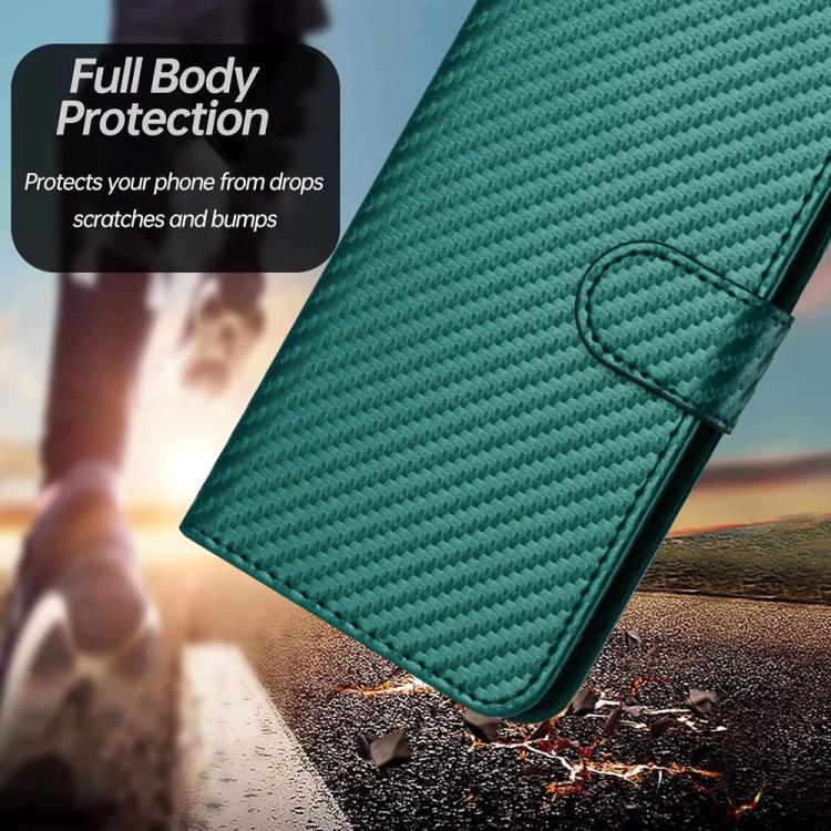 For iPhone 17 Pro Max YX0070 Carbon Fiber Buckle Leather Phone Case with Lanyard(Dark Green)