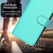 For iPhone 17 Pro YX0070 Carbon Fiber Buckle Leather Phone Case with Lanyard(Light Blue)