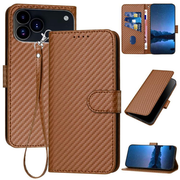 For iPhone 17 Pro YX0070 Carbon Fiber Buckle Leather Phone Case with Lanyard(Coffee)
