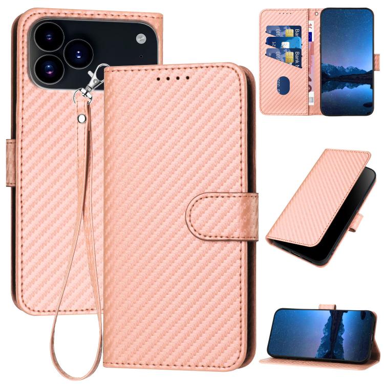 For iPhone 17 Pro YX0070 Carbon Fiber Buckle Leather Phone Case with Lanyard(Pink)