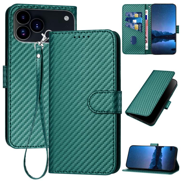 For iPhone 17 Pro YX0070 Carbon Fiber Buckle Leather Phone Case with Lanyard(Dark Green)