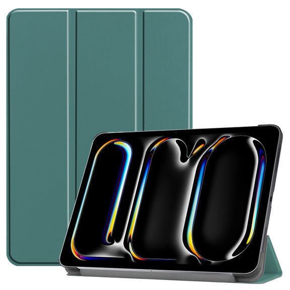 For iPad Pro 13 2024 Custer Pure Color 3-Fold Holder Smart Leather Tablet Case(Dark Green)