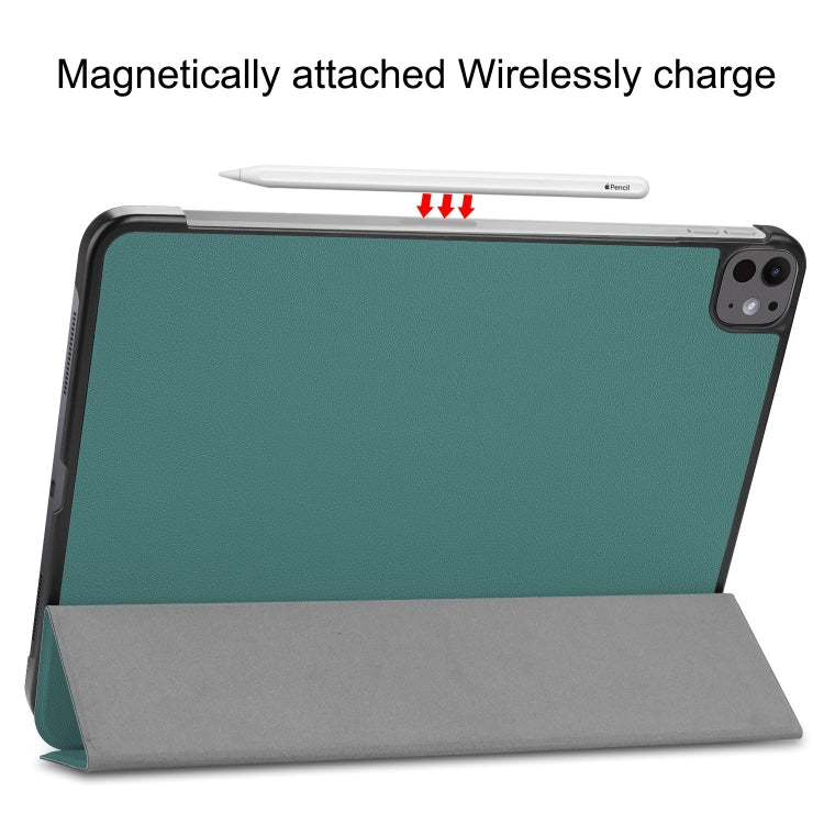 For iPad Pro 13 2024 Custer Pure Color 3-Fold Holder Smart Leather Tablet Case(Dark Green)
