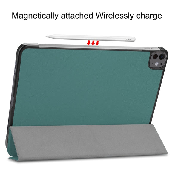For iPad Pro 13 2024 Custer Pure Color 3-Fold Holder Smart Leather Tablet Case(Dark Green)