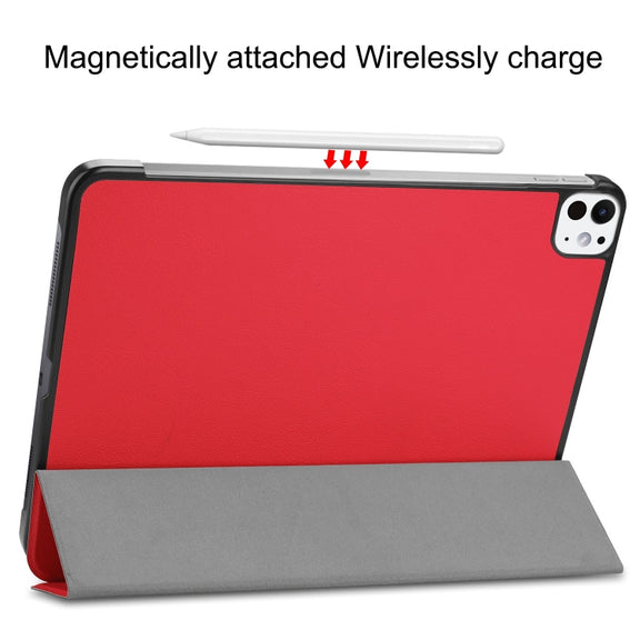 For iPad Pro 11 2024 Custer Pure Color 3-Fold Holder Smart Leather Tablet Case(Red)