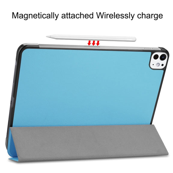 For iPad Pro 11 2024 Custer Pure Color 3-Fold Holder Smart Leather Tablet Case(Sky Blue)