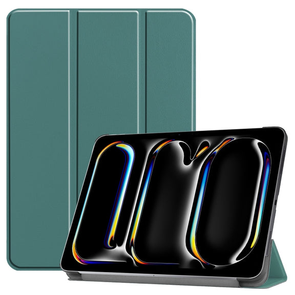 For iPad Pro 11 2024 Custer Pure Color 3-Fold Holder Smart Leather Tablet Case(Dark Green)