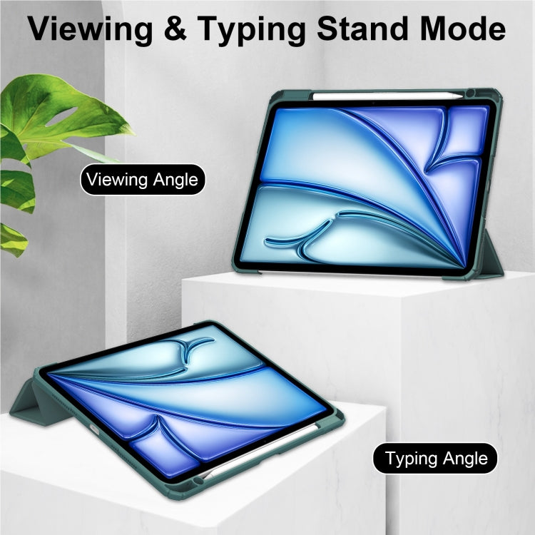 For iPad Air 13 2025 / 2024 Pure Color 3-fold Clear TPU Smart Leather Tablet Case(Dark Green)
