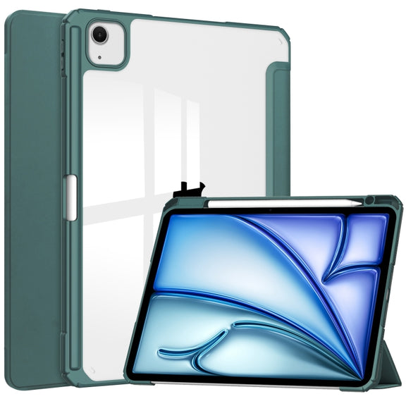 For iPad Air 13 2025 / 2024 Pure Color 3-fold Clear TPU Smart Leather Tablet Case(Dark Green)