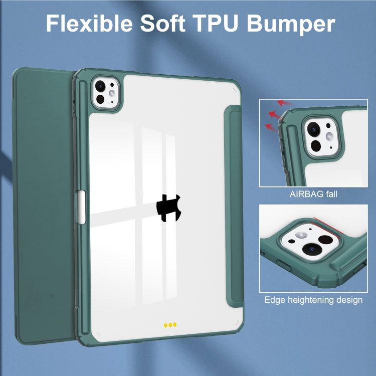 For iPad Pro 11 2024 Pure Color 3-fold Clear TPU Smart Leather Tablet Case(Dark Green)