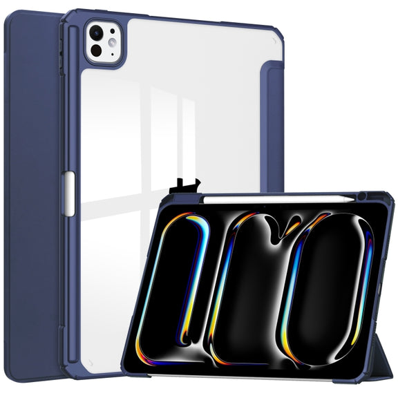 For iPad Pro 11 2024 Pure Color 3-fold Clear TPU Smart Leather Tablet Case(Dark Blue)