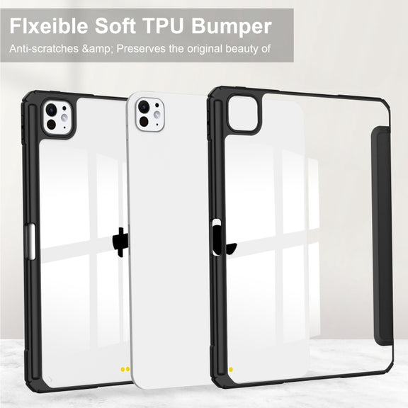 For iPad Pro 13 2024 Pure Color 3-fold Clear TPU Smart Leather Tablet Case(Black)