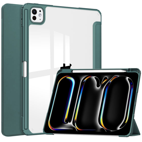 For iPad Pro 13 2024 Pure Color 3-fold Clear TPU Smart Leather Tablet Case(Dark Green)